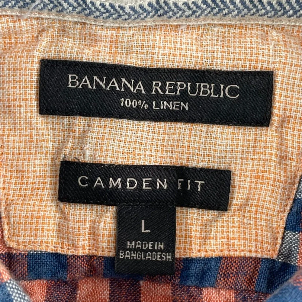 Banana Republic Shirt Men Large Blue Orange Check 100%‎ Linen Camden Fit Preppy